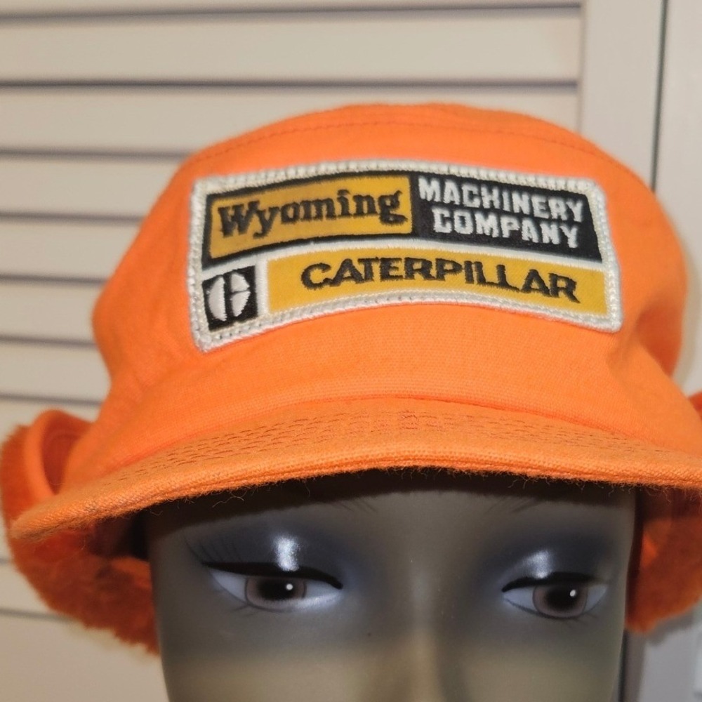 Vintage K-Brand Caterpillar Wyoming Machinery Co Orange Hunting Ear Flap Hat USA - Picture 2 of 5
